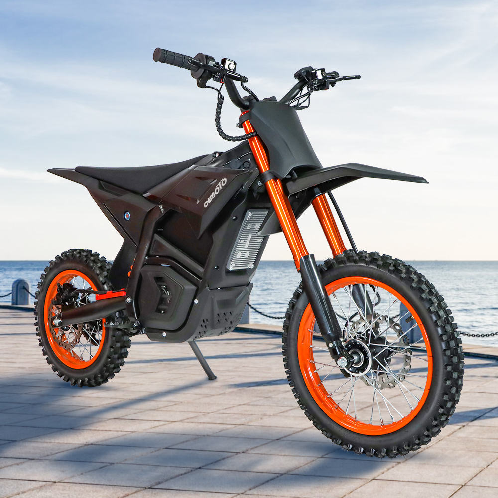 Black off-road electric dirt bike with orange rims, front forks and knobby tires
