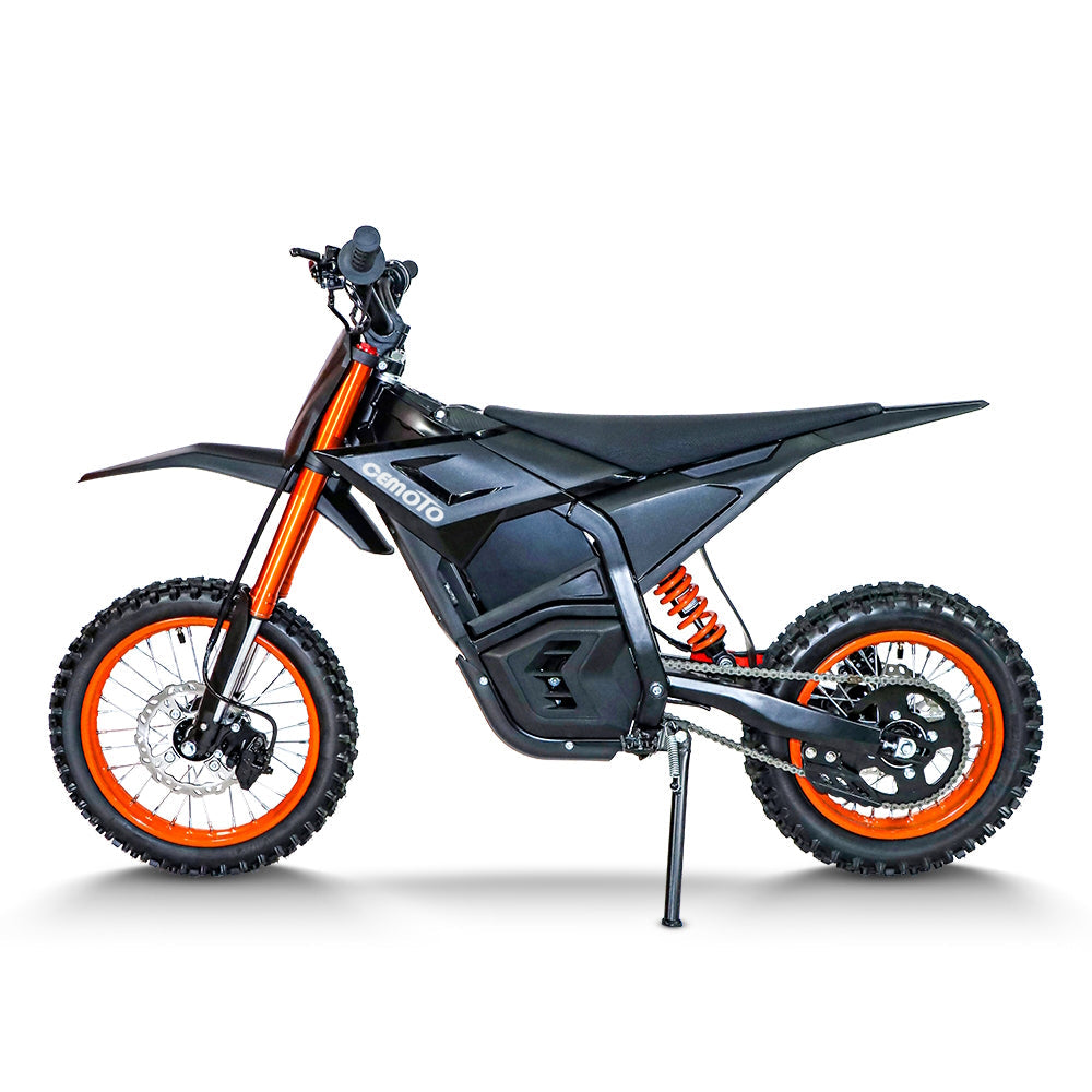 Black off-road electric dirt bike with orange rims and knobby tires, side view