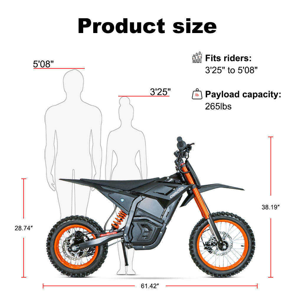 Off-road electric dirt bike size chart with rider height fit, payload capacity, and dimensions