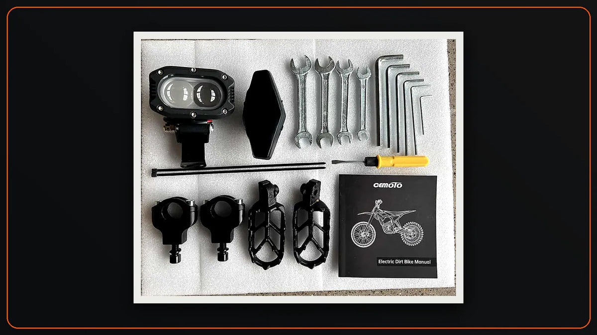 CEMOTO D03 assembly hardware reference showing tools, pedals, manual, lighting hardware and mounting parts