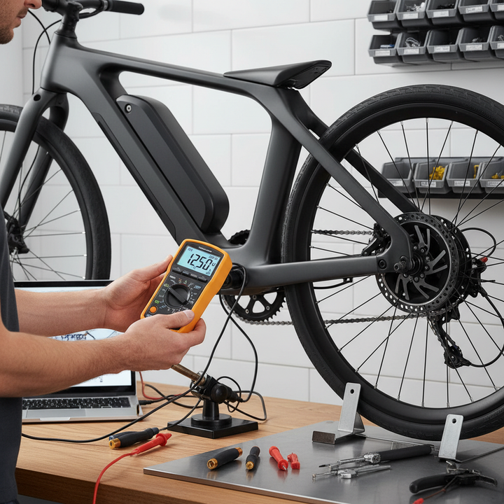 A person troubleshooting a DIY e-bike with a multimeter in a workshop.
