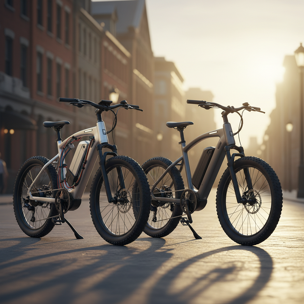 Professional photo of two e-bikes side by side, one with modular standardized components visible and one with a sleek integrated proprietary design, on an urban street background in 2026 style.