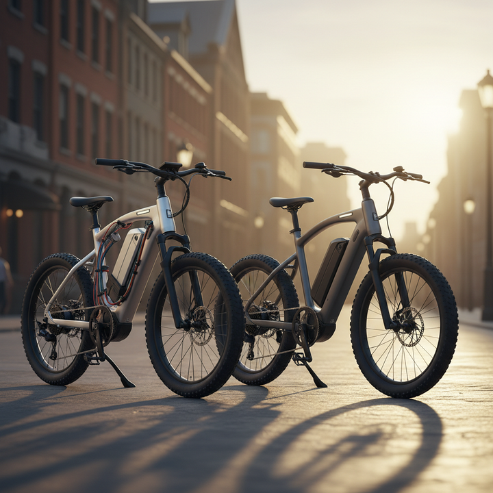 Professional photo of two e-bikes side by side, one with modular standardized components visible and one with a sleek integrated proprietary design, on an urban street background in 2026 style.