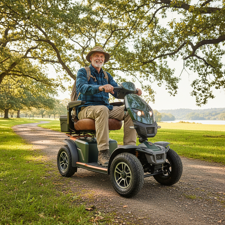A stylish four-wheel all-terrain mobility scooter on a park trail with an active senior rider in a natural outdoor setting.