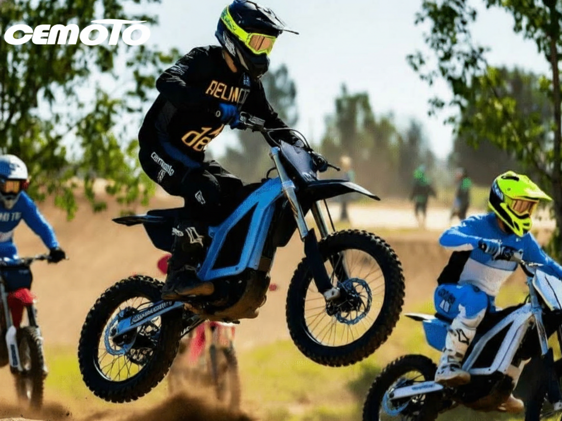 A rider performing a jump on a white Cemoto electric dirt bike on a dirt track, accompanied by other riders.