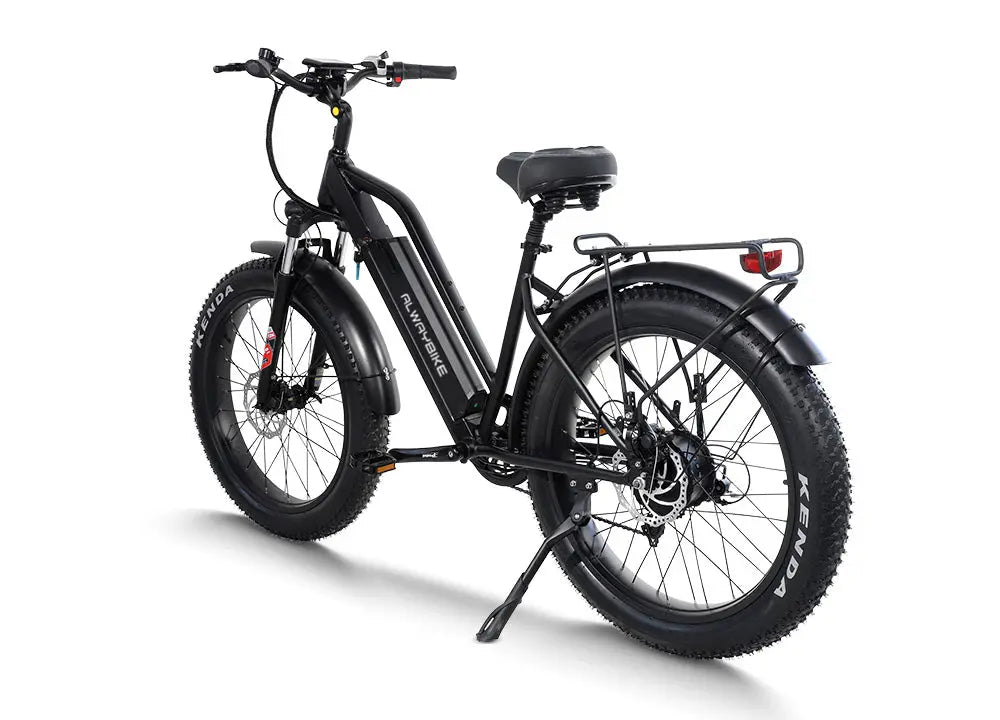 Broad editorial view of a commuter electric bike and rider before an at-home fit comparison