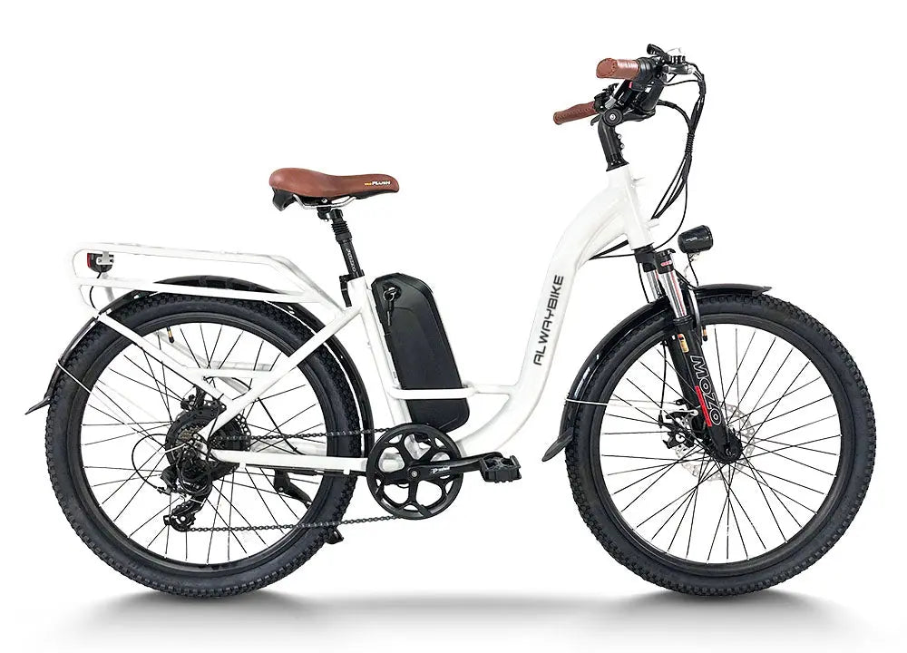Cemoto EB40 | Electric City Commuter Bike - White electric city commuter bike with rear rack, battery, and disc brakes