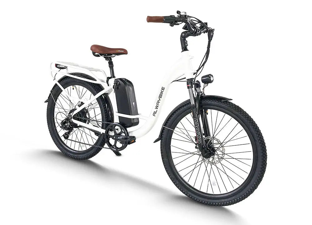 Cemoto EB40 step-through electric bike on plain white background, equipped with fat tires, rear cargo rack, side-mounted lithium battery, brown leather seat and front headlight for daily urban travel