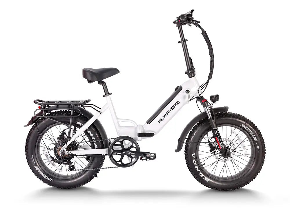 Editorial storage view showing how to position a folding e-bike securely without pressing its folding hardware against nearby surfaces.