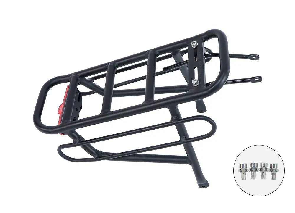 Cover image for an article about e-bike rear rack fit, mounting, load limits, and handling.