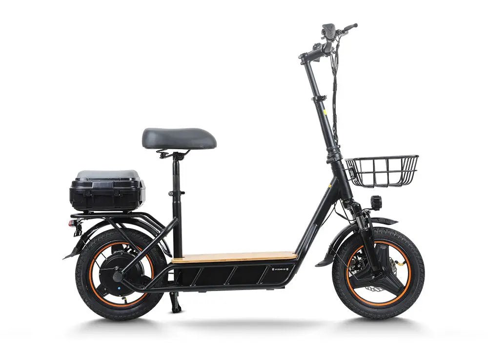 H14 Electric Scooter | High-Performance & Eco-Friendly E-Scooter for Adults - H14 electric scooter with seat, front basket, rear cargo box, and black frame