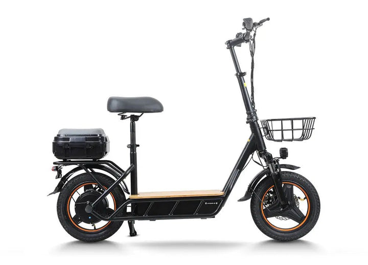 H14 Electric Scooter | High-Performance & Eco-Friendly E-Scooter for Adults - H14 electric scooter with seat, front basket, rear cargo box, and black frame