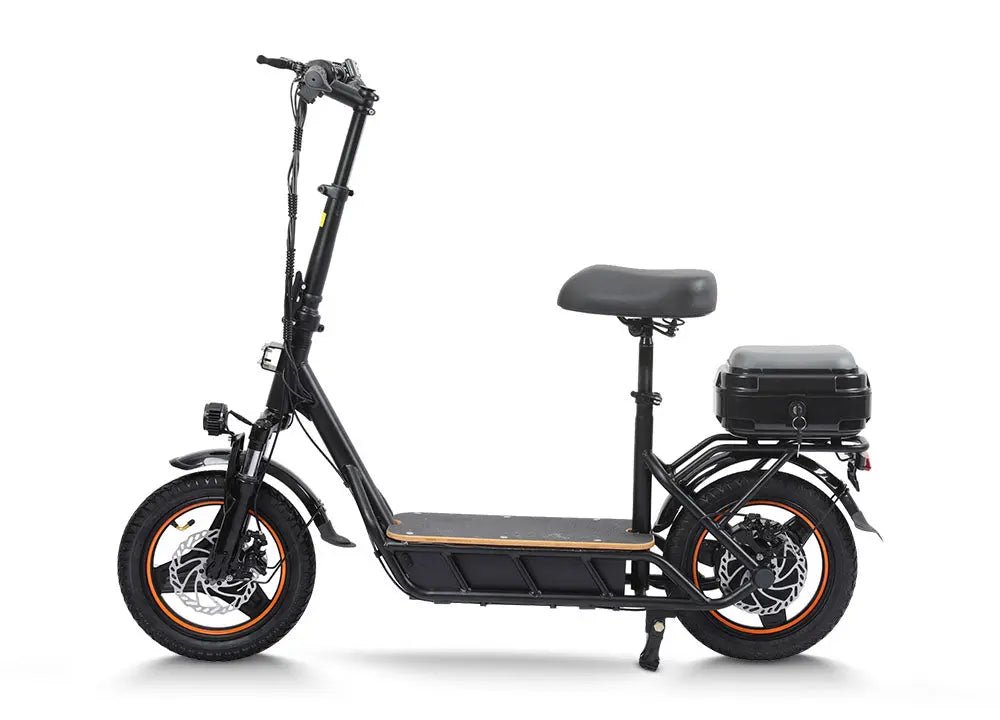 A foldable electric scooter is shown in a transit-station setting as a practical last-mile commuting option.