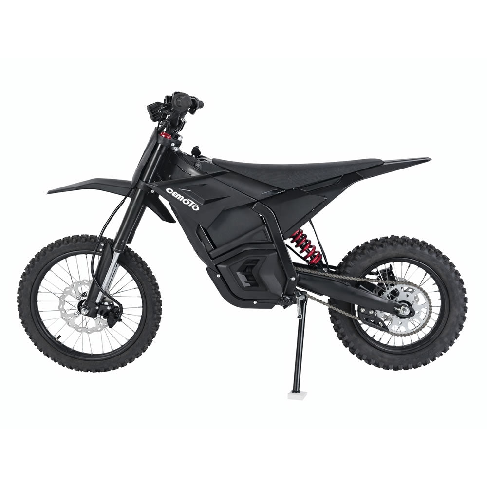 Black off-road electric dirt bike with knobby tires and suspension