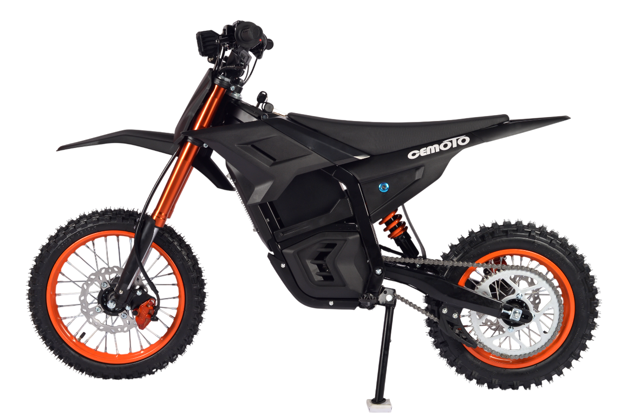 D-Series black-orange off-road electric dirt bike with knobby tires and orange suspension