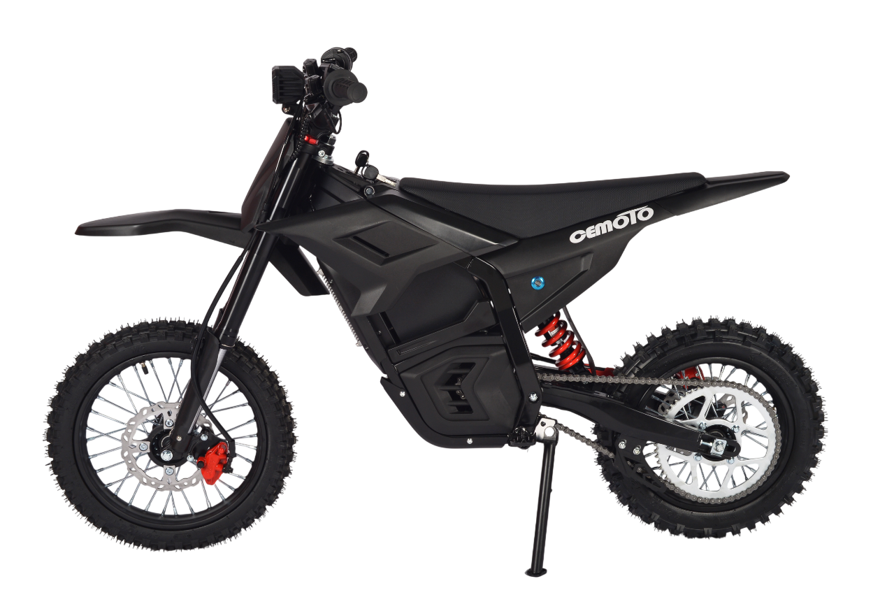 Black off-road electric dirt bike side view with knobby tires and red rear suspension