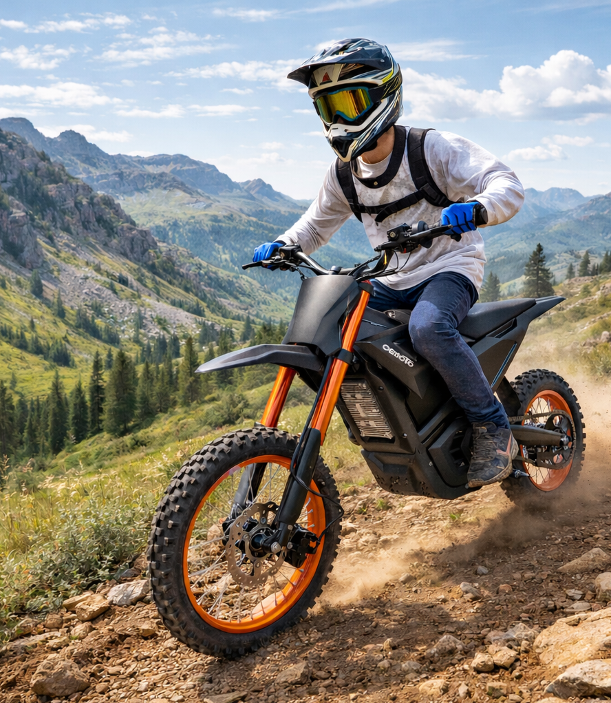 Rider on black electric dirt bike climbing rocky off-road mountain trail