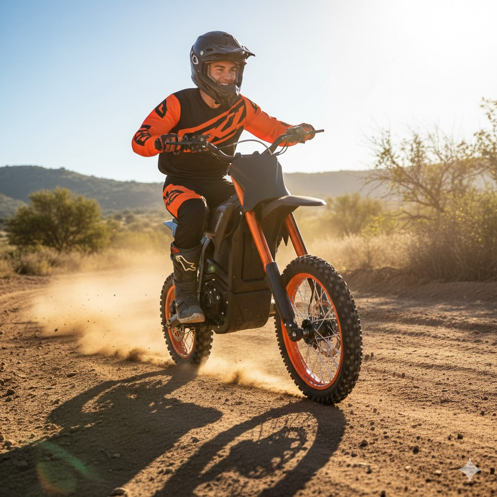Rider on black and orange off-road electric dirt bike on dusty trail