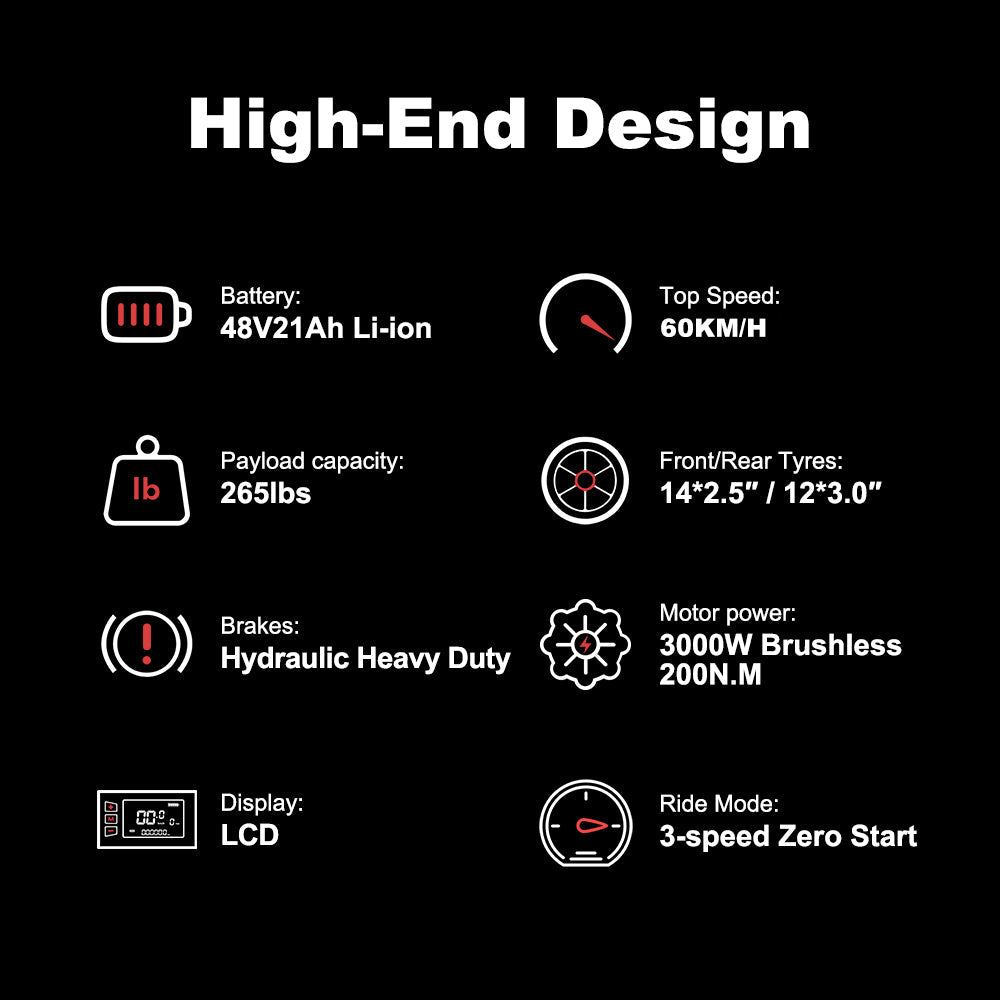 Off-road electric dirt bike specs: 48V 21Ah battery, 3000W brushless motor