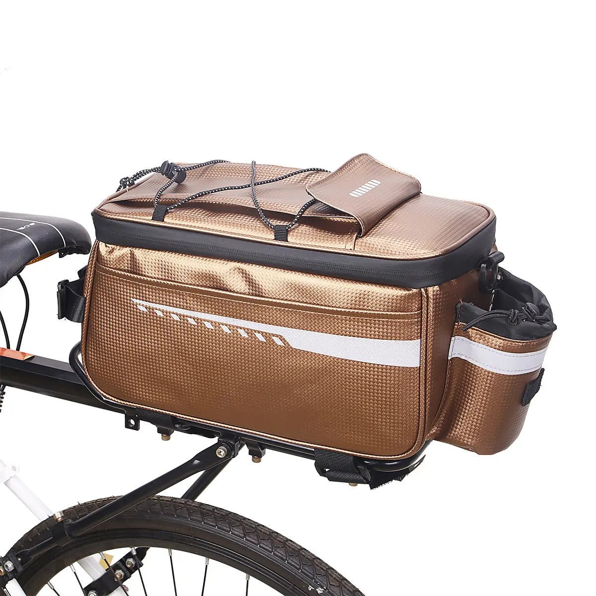 Bronze PU rack bag for commuter bike with reflective stripe, top bungee cords, and side bottle pocket