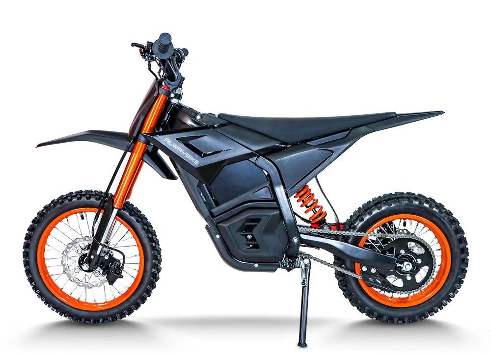 D-Series off-road electric dirt bike in black with orange wheels and suspension