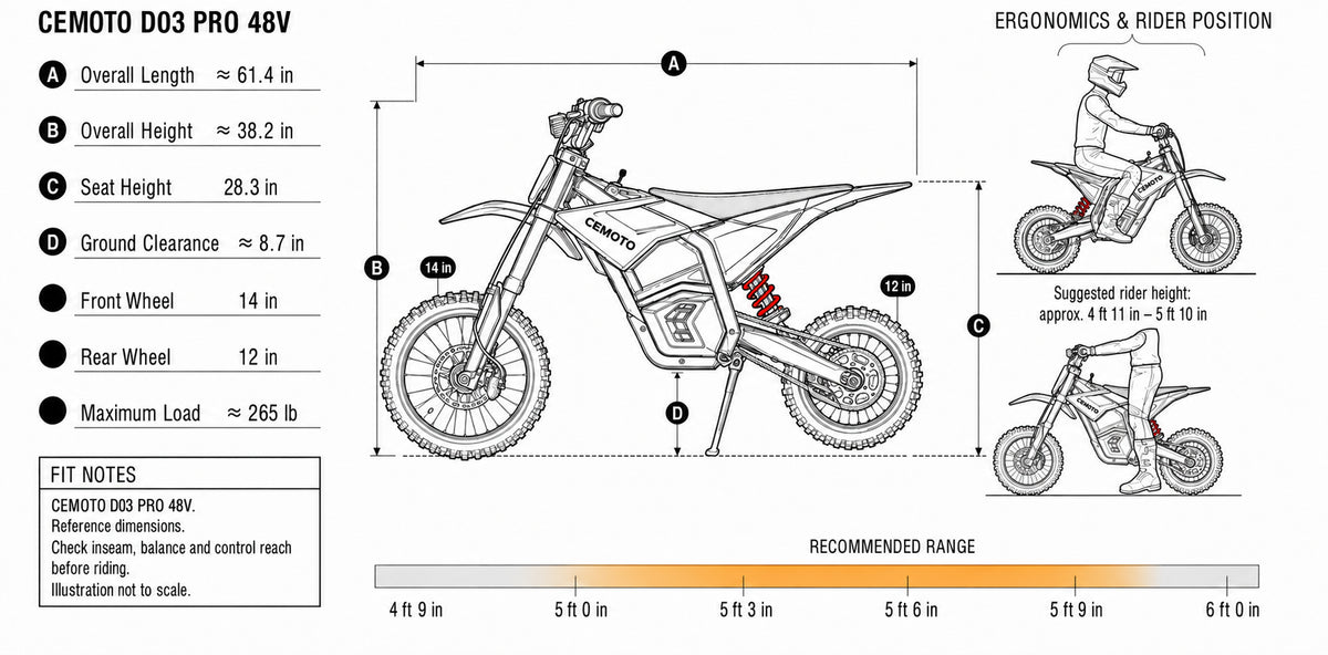 Black CEMOTO D03 Pro size guide showing approximately 61.4-inch length, 38.2-inch height, 28.3-inch seat height, 14-inch front and 12-inch rear wheels, and suggested rider fit
