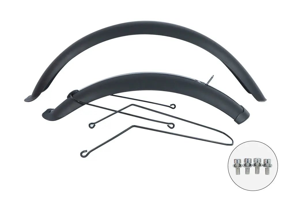 Black e-bike fender set with mounting stays and screws for electric bike mudguard protection