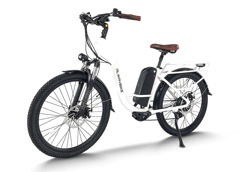 White electric city commuter bike with rear rack, fenders, battery and brown saddle