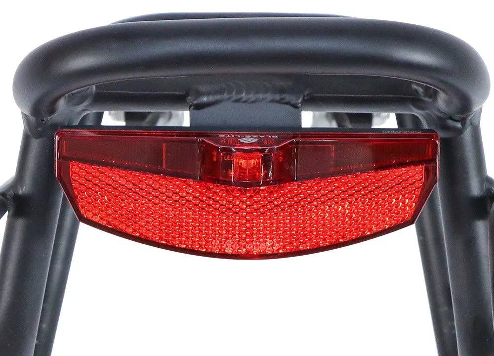 Black aluminum alloy e-bike rear rack with integrated red reflector light